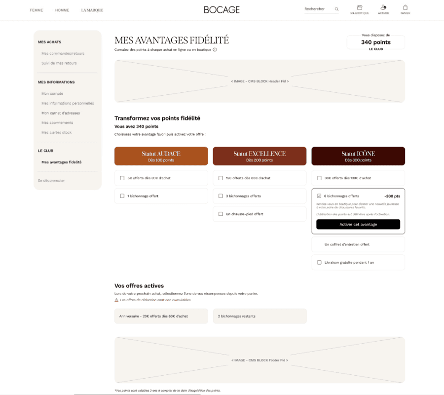 Arthur Barat — Bocage - Direction Artistique et UX/UI : Maquettes UX/UI Figma Espace fidélité Compte Bocage