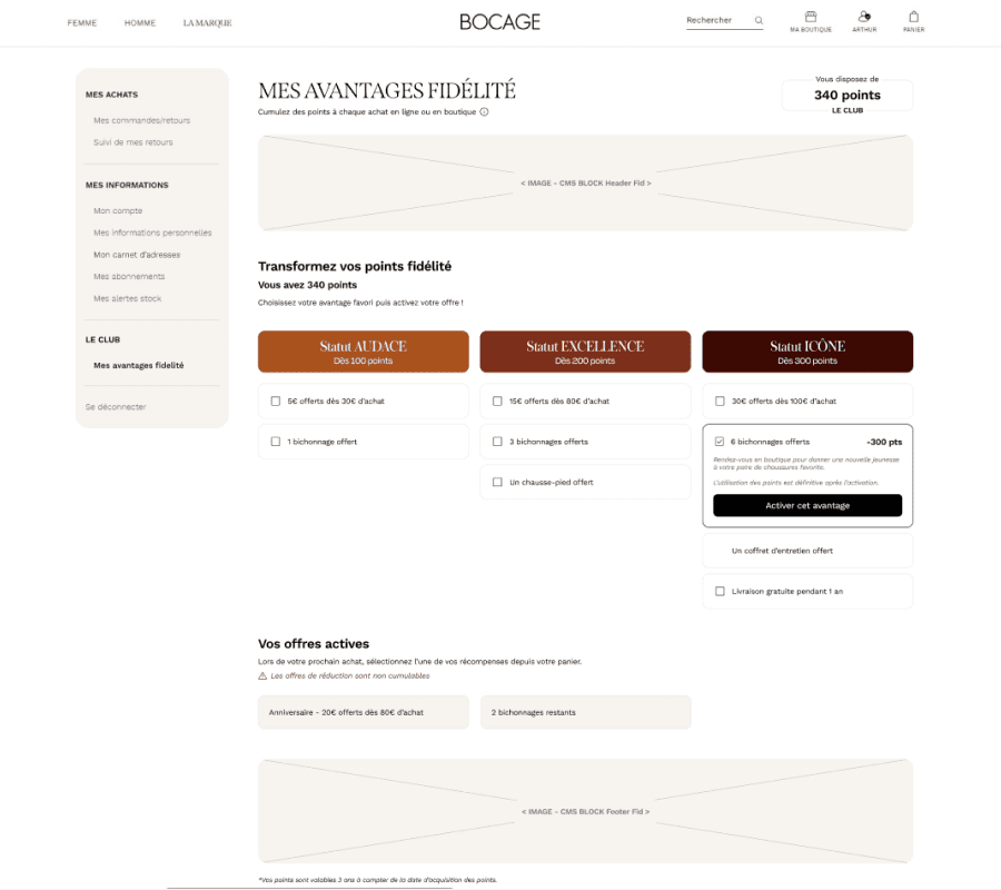 Bocage - Direction Artistique et UX/UI : Maquettes UX/UI Figma Espace fidélité Compte Bocage